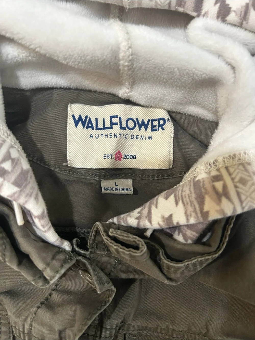 Wallflower Olive Jean Jacket with Gray Patterned Hood & Sleeves
